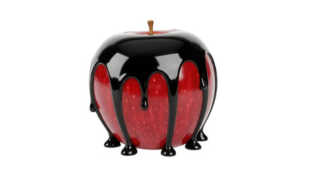 A single red apple covered in a glossy, opaque black candy coating, clean drips Isolated On Transparent Background