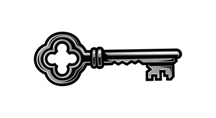 Clean illustration of a single gothic skeleton key made of dark metal, bold lines and simple shapes Isolated On Transparent Background	