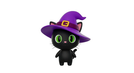 Cute 3D character model of a black cat wearing a witch hat, solid colors, smooth surfaces Isolated On Transparent Background