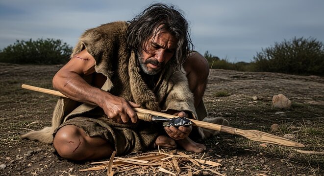 Primitive man crafting a spear for survival in the wilderness.