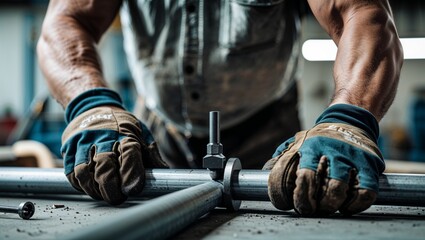 Man using hand tool to modify conduit pipe in industrial workshop