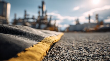 Medium shot of a hightech berm with sharp focus amid blurred industrial background emphasizing advanced spill containment technology for hazardous liquid control.