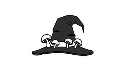 Icon design of a single pointed witch hat made of dark felt, decorated with a few solid, stylized mushrooms, clean outlines  Isolated On Transparent Background	