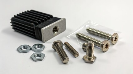 Collection of various hardware components including screws nuts and heatsink