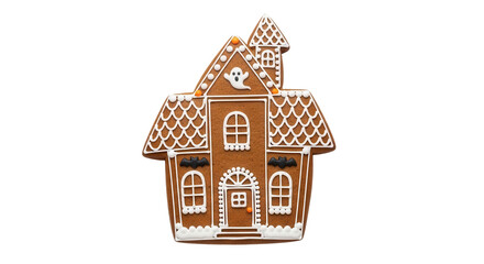 Product photography of a single gingerbread cookie shaped like a haunted house Isolated On Transparent Background