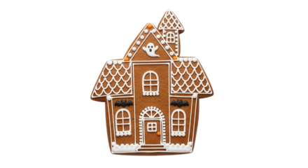 Product photography of a single gingerbread cookie shaped like a haunted house Isolated On Transparent Background