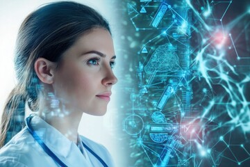 Woman in lab coat engaged in scientific research with digital interface elements in background