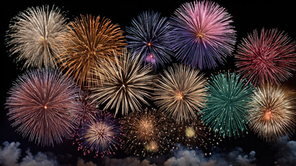 Fototapeta premium Spectacular and colorful firework display fills dark night sky. This festive explosion of light creates joyful pattern for holiday celebration or special event