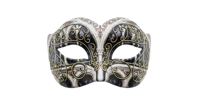 Product photography of a single Venetian carnival mask, solid material with printed gothic patterns Isolated On Transparent Background