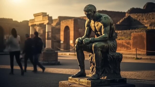 Ancient statue of a seated thinker in a historic archaeological site with people walking in the background - Powered by Adobe