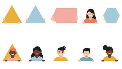 Diverse Characters and Hands Holding Geometric Shapes for Blank Space