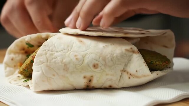 A fresh falafel wrap being tightly rolled by hand, the soft flatbread encasing crispy golden falafel, vibrant lettuce, tomatoes, cucumbers, and creamy tahini sauce. The wrap is set down neatly on a cr