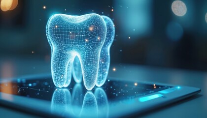 Digital dental model on tablet screen shows future oral healthcare technology. Glowing blue tooth mesh represents advanced science innovation for medical treatment and patient wellness.