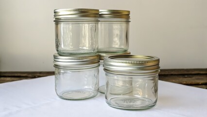 Stacked glass jars with metal lids on white surface