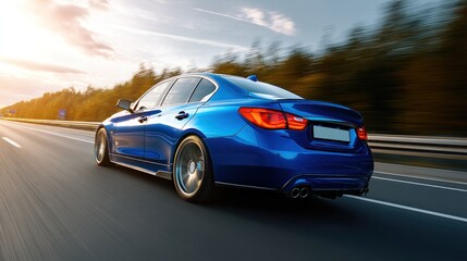 Blue sedan car driving on a highway