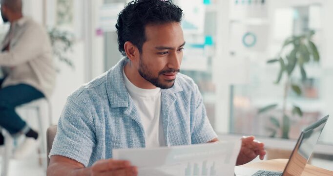 Business, man and document with laptop in office for research, email and budget report of reservation. Coordinator, coworking and pc for event planning, information and invoice paperwork for booking