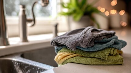 Medium shot showing reusable microfiber cloths being wrung out over a sink background softly blurred to highlight ecofriendly cleaning