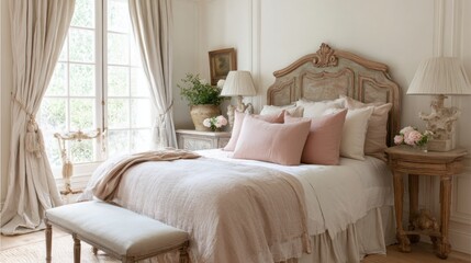 french eclectic country romantic bedroom full view, carved headboard, soft pink linen, long airy curtains, vintage lamps