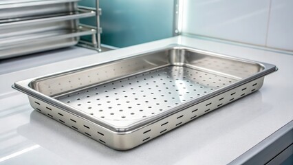 Stainless steel perforated baking tray on modern kitchen countertop