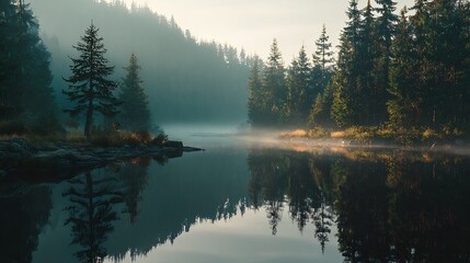 Tranquil misty mountain lake reflecting pine forest and golden sunrise in serene morning light.