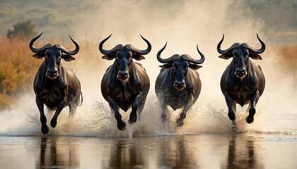 Four black wildebeest charge through shallow water creating splashes. They run together on a savanna with dry grass under warm light. Their horns are curved upwards.
