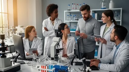 Diverse Group of Scientists Collaborating in a Modern Laboratory Setting. - Powered by Adobe