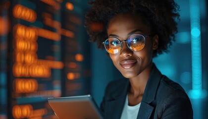 Black businesswoman smiles holding tablet computer. She wears glasses reflecting digital data. Blurred background shows tech interface with orange and blue lights. Futuristic office.