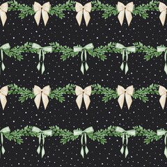 
Watercolor holiday background with festive greenery and ribbons. Christmas pattern with watercolor garlands, bows on a black background.