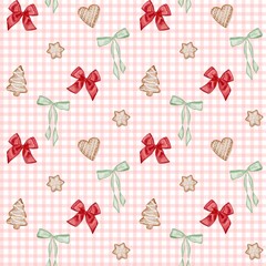 Seamless Christmas pattern with bows and gingerbread cookies. Pattern with watercolor bows, ribbons, gingerbread cookies, and pink checkered background.