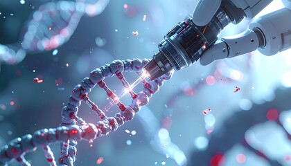 Futuristic robotic arm precisely manipulating a glowing DNA double helix, symbolizing advanced genetic engineering and biotechnology innovation