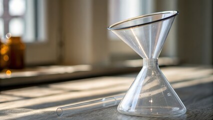 Glass laboratory equipment with sunlight and shadows in a scientific environment