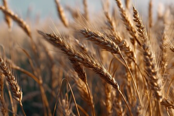 Obraz premium Golden wheat field closeup with shallow depth of focus highlighting textured grains in warm autumn light, evoking tranquility and rural harvest themes.
