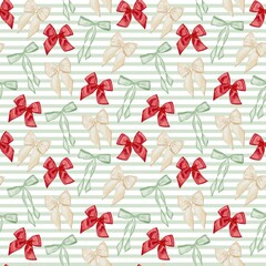 Seamless Winter Christmas pattern with decorative bows on a white background with green stripes.. Watercolor holiday background.