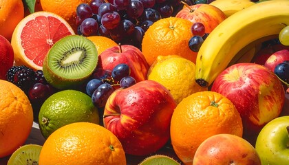 A vibrant and colorful assortment of various fresh fruits in a still life