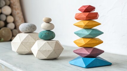 Colorful stacked geometric shapes on a light surface for creative learning and play