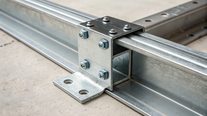 Close up of metal support bracket and rail system for industrial applications
