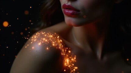 Woman with sparkling shoulder under dramatic lighting on dark background , kiss on the shoulder