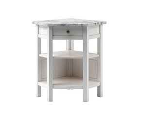 White wooden corner accent table with marble top and two shelves, isolated on transparent background
