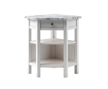 White wooden corner accent table with marble top and two shelves, isolated on transparent background