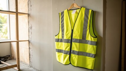 High visibility safety vest hangs in under construction interior setting