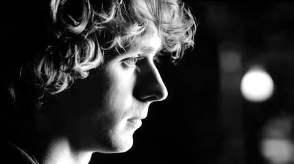 Monochromatic portrait of a person with curly hair against a dark background