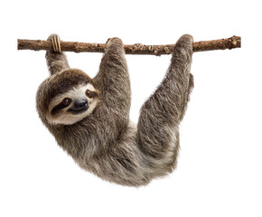 A cute threetoed sloth hanging from a branch, isolated on transparent background