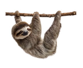 A cute threetoed sloth hanging from a branch, isolated on transparent background