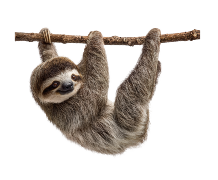 A cute threetoed sloth hanging from a branch, isolated on transparent background