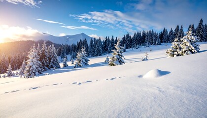 A sunlit snowy landscape with evergreen trees and mountains under a blue sky with soft clouds. The foreground displays footprints