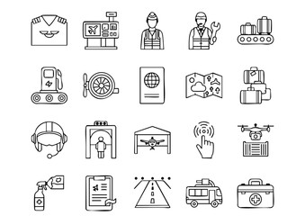 Fototapeta premium Aviation Careers & Airport Staff Icon Set, Pilot, Crew, and Ground Crew Vector Icons, Modern Aircraft & Flight Occupations