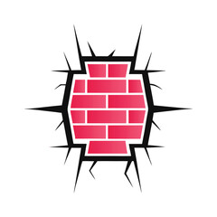 Red brick wall with jagged black cracks radiating outwards pink gradient
