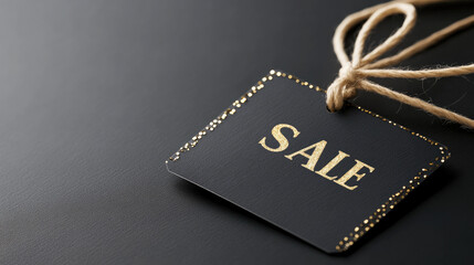 Black leather-like price tag featuring gold SALE lettering, surrounded by sparkling gold and silver beads, creating a luxurious and enticing visual for holiday discounts and special offers
