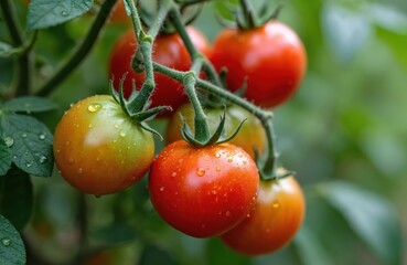 Red and green tomatoes ripen on a vine with water droplets. They grow in a garden ready for harvest. Organic food source, fresh ingredients.