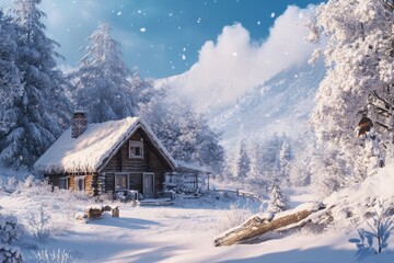 Cozy cabin surrounded by snow-covered trees in a winter landscape during daylight